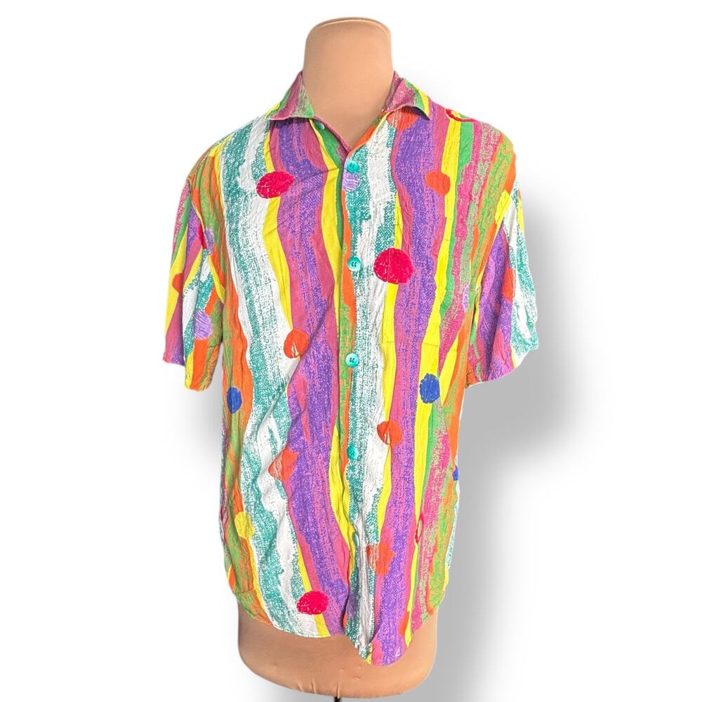 Vintage 90s Jams World Crinkle Shirt Small Multicolor Striped Polka Dot Retro